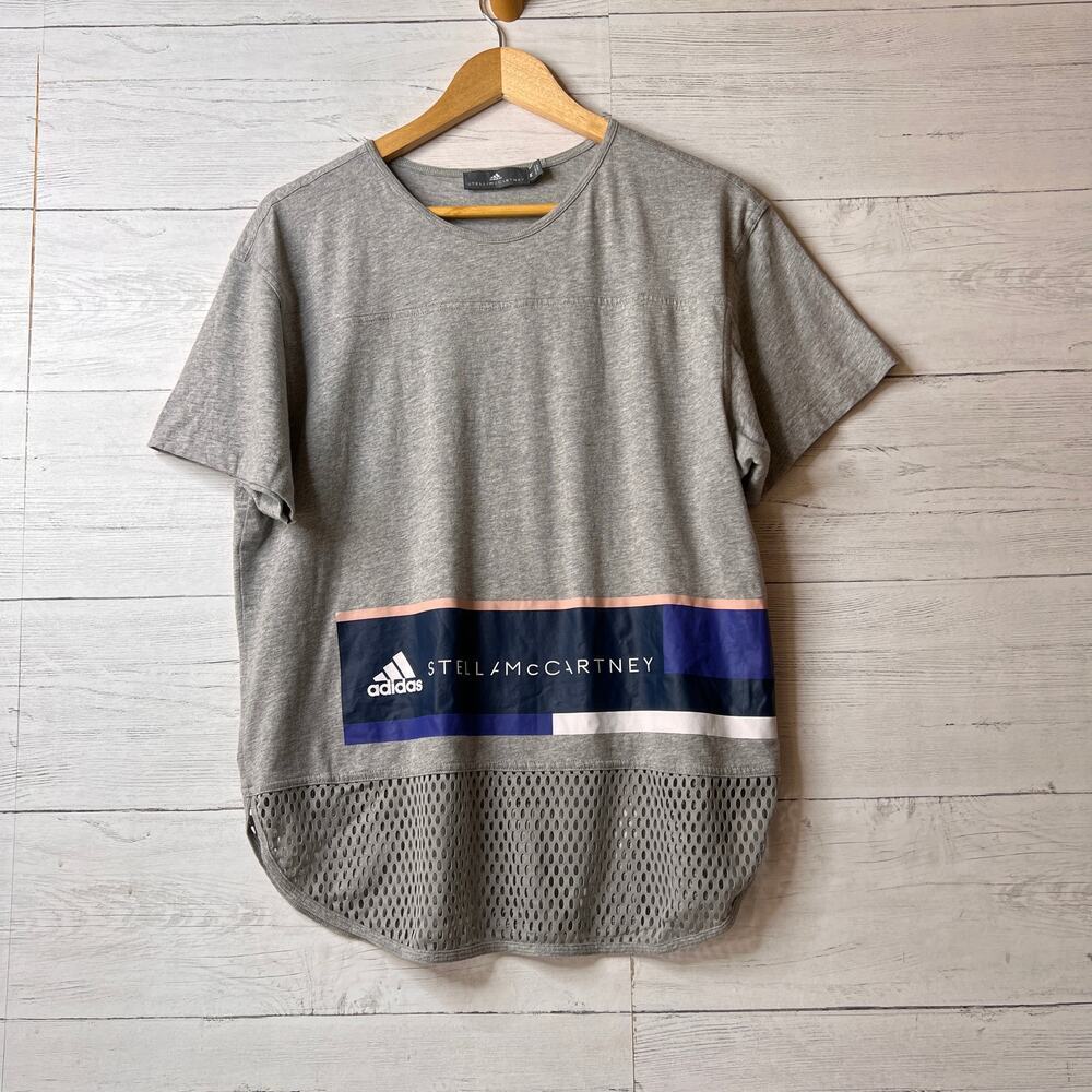 Adidas X Stella McCartney Shirt Womens Size Medium Gray Graphic Mesh Hem
